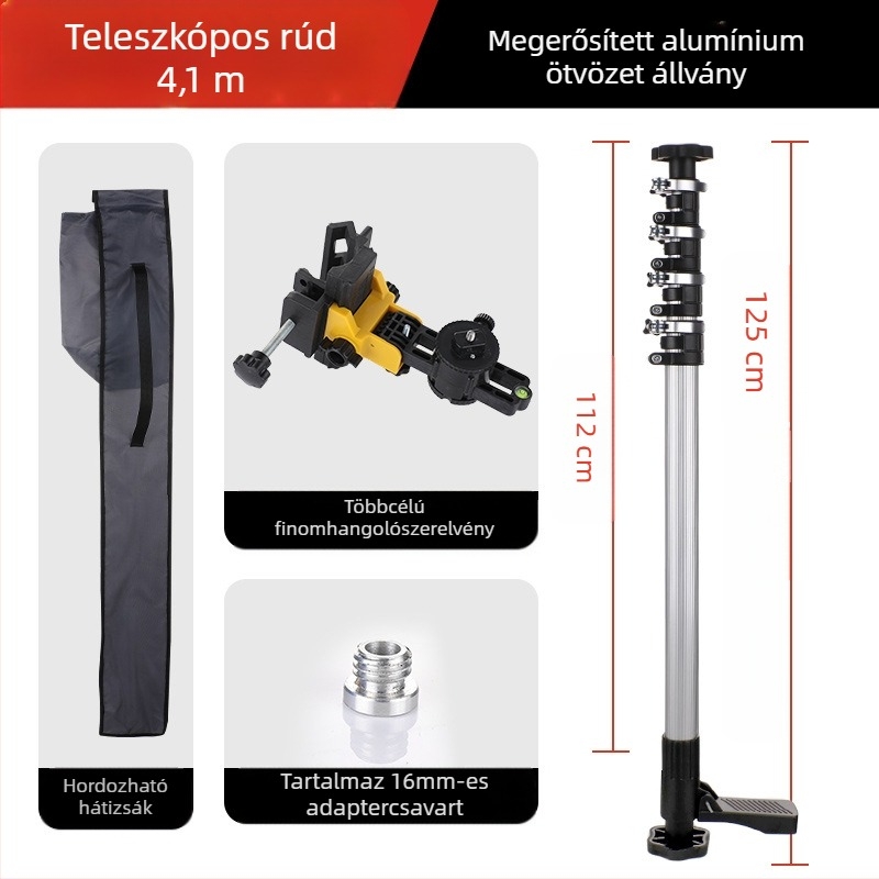 Lézeres szintmérő teleszkópos támasztórúd infravörös, többfunkciós tartóval, vastagított alumíniumötvözetből és rozsdamentes acélból
