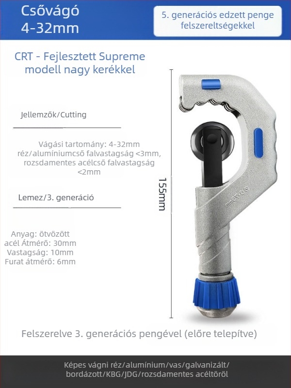 Csővágó rozsdamentes acél pengével, csapágyas mechanizmussal, görgővel a vágáshoz, kompatibil vas-, réz- és műanyag csövekre