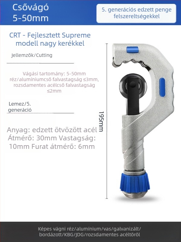 Csővágó rozsdamentes acél pengével, csapágyas mechanizmussal, görgővel a vágáshoz, kompatibil vas-, réz- és műanyag csövekre