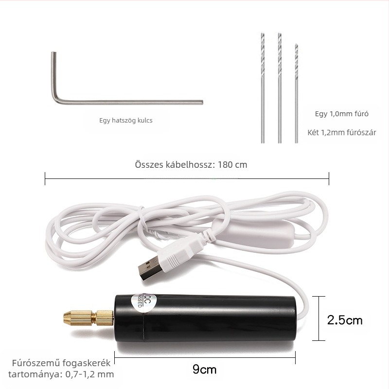 USB-s mini fúró DIY-hoz kefés motorral, USB-tápellátás, függőleges kivitel, fúrótokmány, alkalmas fa, fém, műanyag és kompozit anyagokhoz