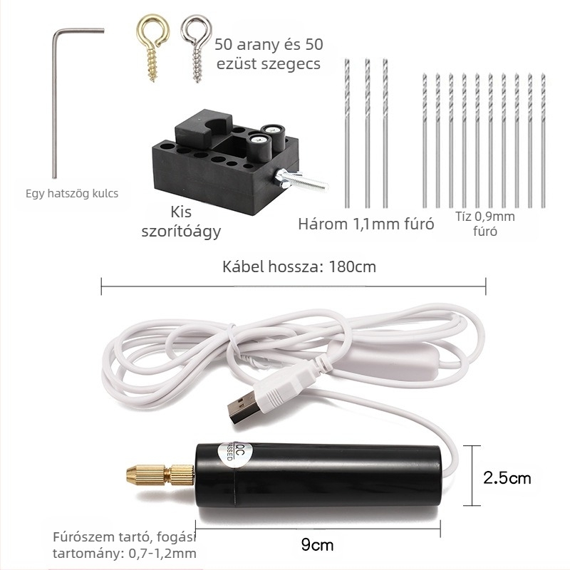 USB-s mini fúró DIY-hoz kefés motorral, USB-tápellátás, függőleges kivitel, fúrótokmány, alkalmas fa, fém, műanyag és kompozit anyagokhoz