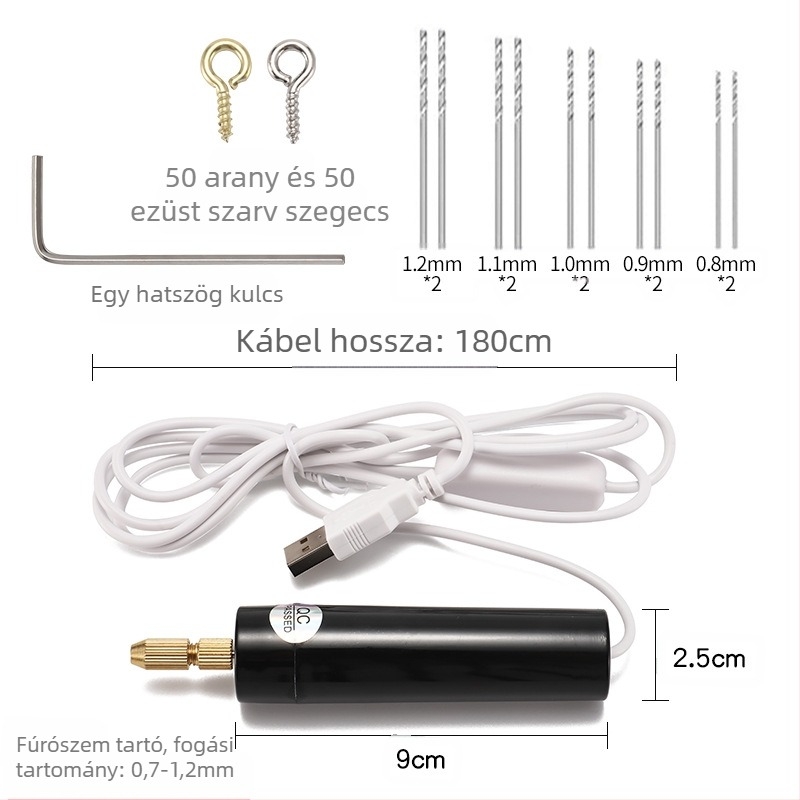 USB-s mini fúró DIY-hoz kefés motorral, USB-tápellátás, függőleges kivitel, fúrótokmány, alkalmas fa, fém, műanyag és kompozit anyagokhoz