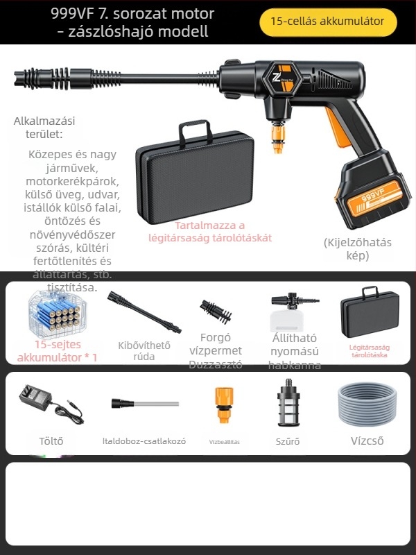 Vezeték nélküli magasnyomású autómosó pisztoly, 20V akkumulátor, max. 36 BAR, áramlás 4 L/min, modell ZH-HXCQ, tömeg 2,4 kg