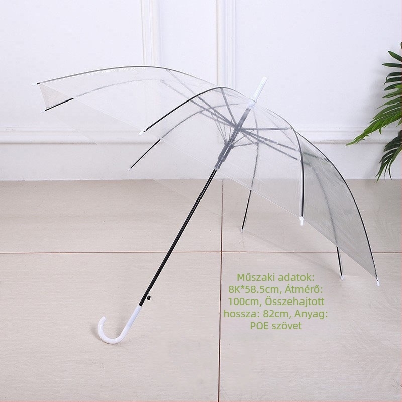 Hosszú nyeletű esernyő 16 bordával, automatikus nyitás, átlátszó PVC vászon, egyenes nyelet, logó nyomtatható és testreszabható
