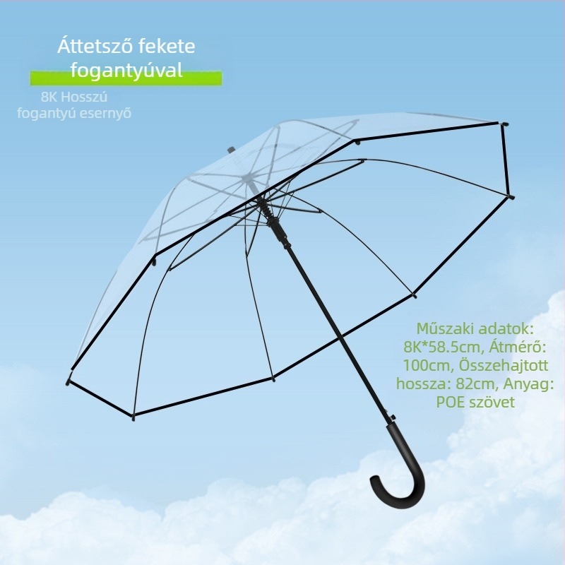 Hosszú nyeletű esernyő 16 bordával, automatikus nyitás, átlátszó PVC vászon, egyenes nyelet, logó nyomtatható és testreszabható