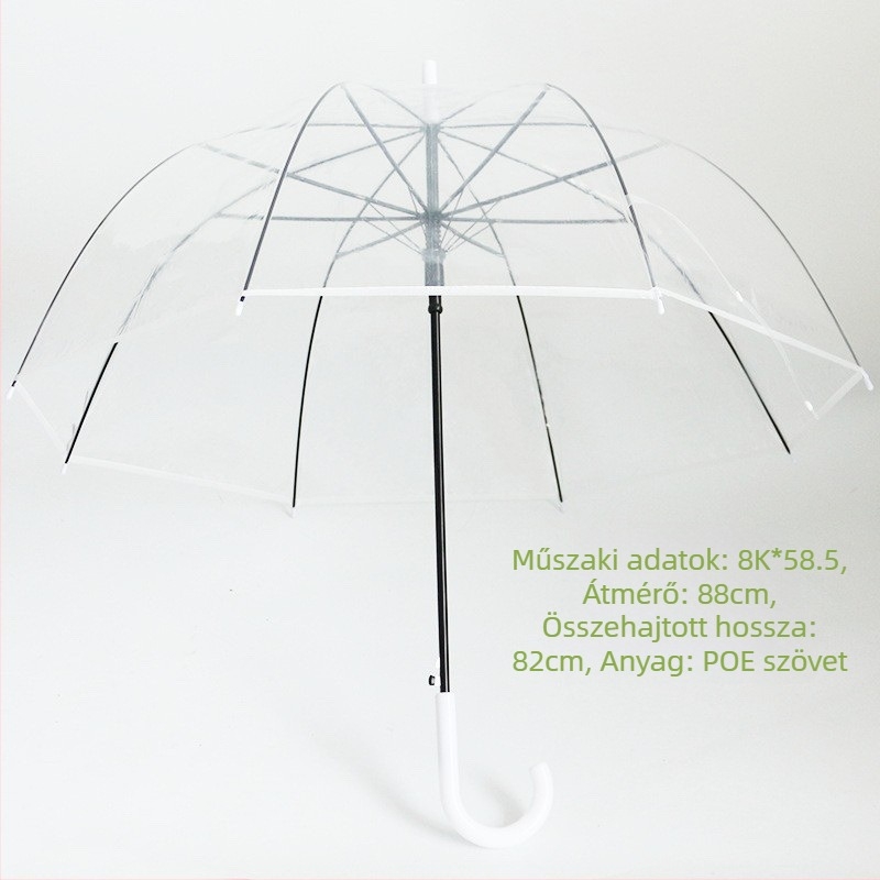 Hosszú nyeletű esernyő 16 bordával, automatikus nyitás, átlátszó PVC vászon, egyenes nyelet, logó nyomtatható és testreszabható