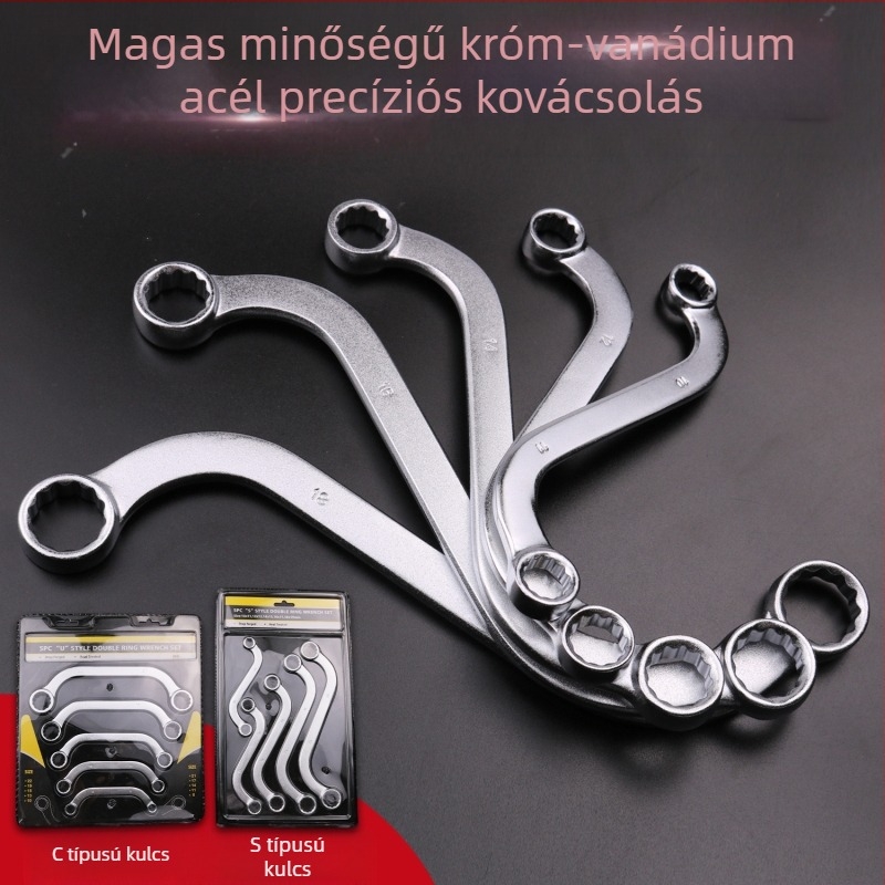 Plum Blossom kettős végű kulcskészlet, S/U/C fej, ívelt nyél, króm-vanádium acél, 5 darab