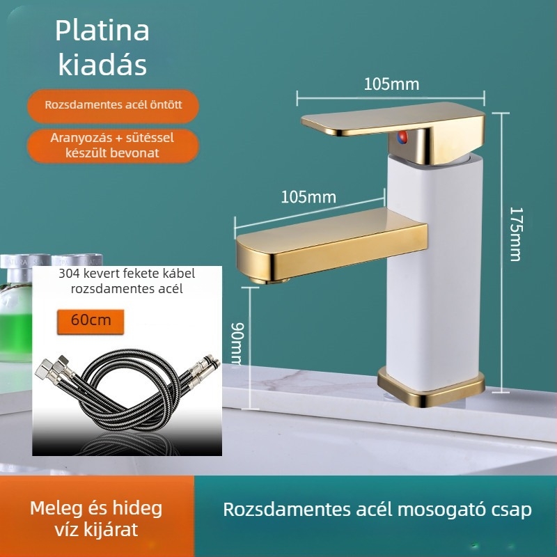 Négyzet alakú mosdócsaptelep, egycsapos keverő, SF-02, rozsdamentes acél, kerámiás patron, 0–99°C