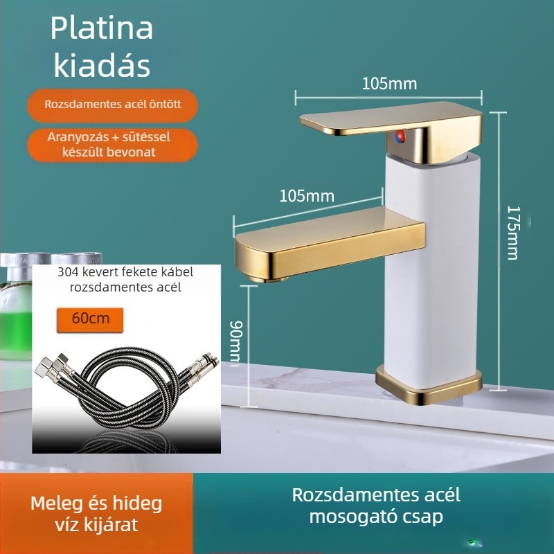 Négyzet alakú mosdócsaptelep, egycsapos keverő, SF-02, rozsdamentes acél, kerámiás patron, 0–99°C