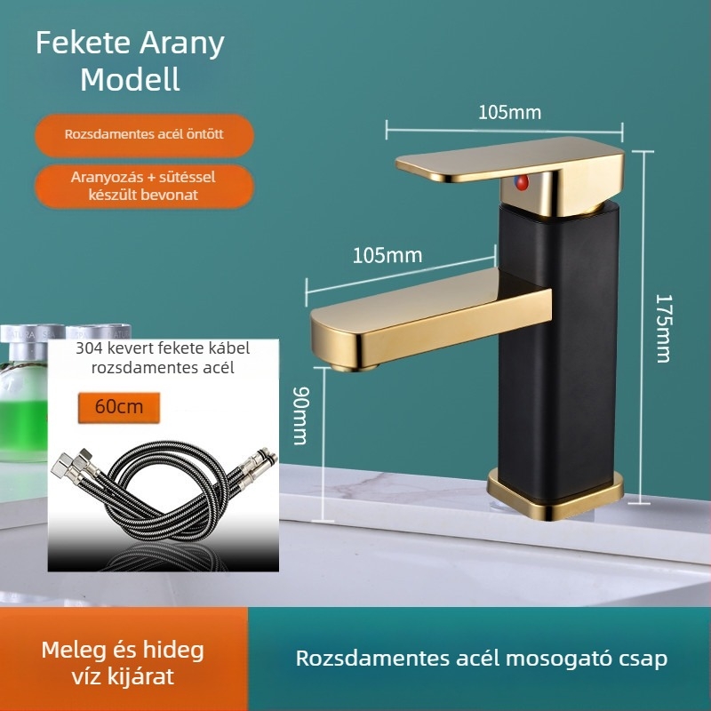 Négyzet alakú mosdócsaptelep, egycsapos keverő, SF-02, rozsdamentes acél, kerámiás patron, 0–99°C
