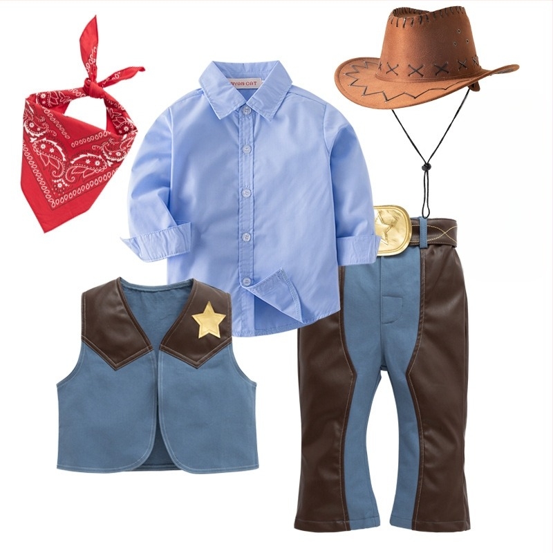 Gyerekeknek szóló Western cowboy jelmez – 4 részes készlet, 95% pamut, levehető kapucni, ujjatlan, 3–8 éveseknek (100–140 cm)