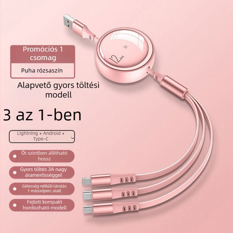 100W-os 3-in-1 hajlítható adatkábel gyors töltéshez – Lightning, USB-C és Micro USB csatlakozókkal