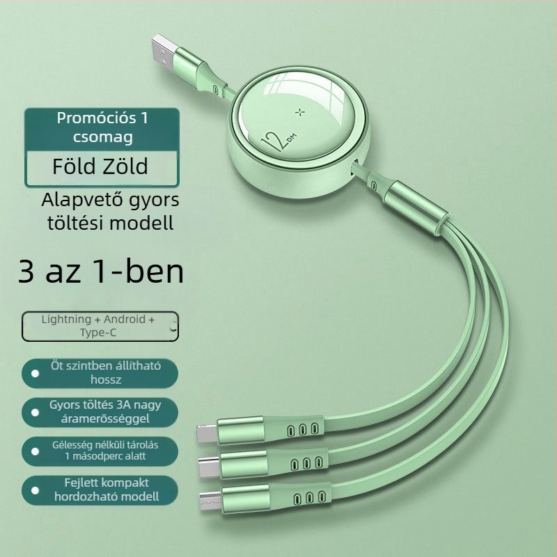 100W-os 3-in-1 hajlítható adatkábel gyors töltéshez – Lightning, USB-C és Micro USB csatlakozókkal
