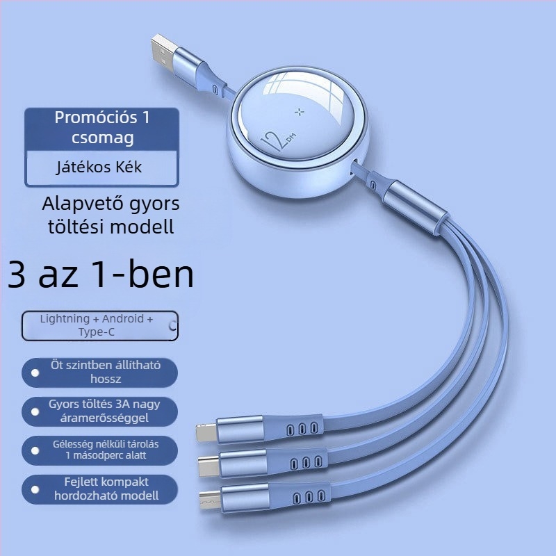 100W-os 3-in-1 hajlítható adatkábel gyors töltéshez – Lightning, USB-C és Micro USB csatlakozókkal