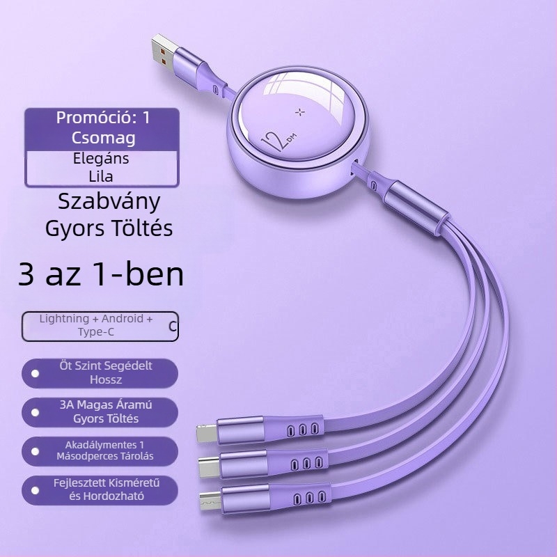 100W-os 3-in-1 hajlítható adatkábel gyors töltéshez – Lightning, USB-C és Micro USB csatlakozókkal