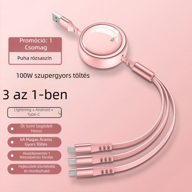 100W-os 3-in-1 hajlítható adatkábel gyors töltéshez – Lightning, USB-C és Micro USB csatlakozókkal