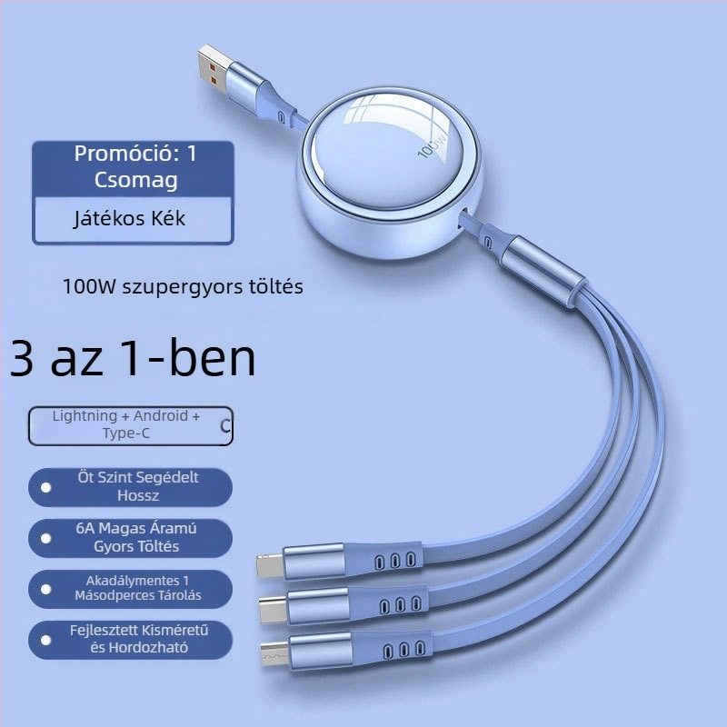 100W-os 3-in-1 hajlítható adatkábel gyors töltéshez – Lightning, USB-C és Micro USB csatlakozókkal
