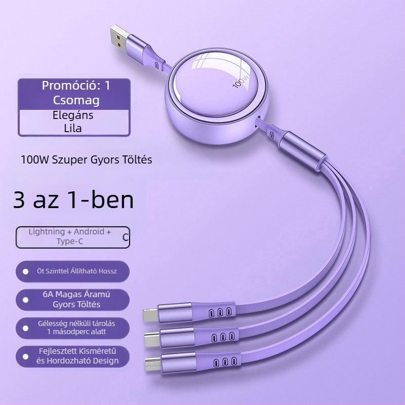 100W-os 3-in-1 hajlítható adatkábel gyors töltéshez – Lightning, USB-C és Micro USB csatlakozókkal