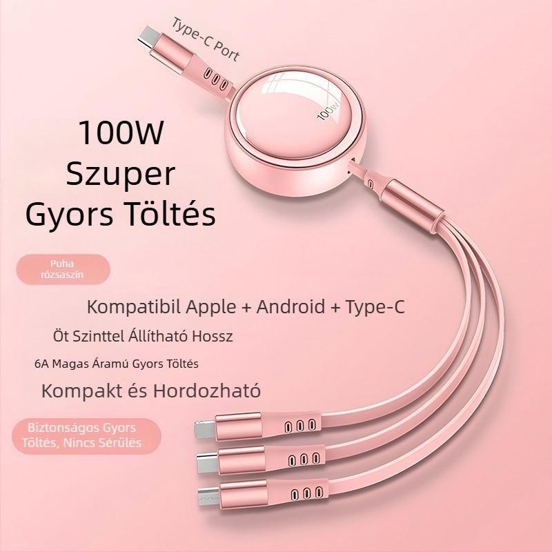 100W-os 3-in-1 hajlítható adatkábel gyors töltéshez – Lightning, USB-C és Micro USB csatlakozókkal