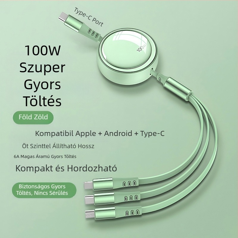 100W-os 3-in-1 hajlítható adatkábel gyors töltéshez – Lightning, USB-C és Micro USB csatlakozókkal