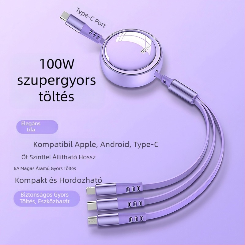 100W-os 3-in-1 hajlítható adatkábel gyors töltéshez – Lightning, USB-C és Micro USB csatlakozókkal