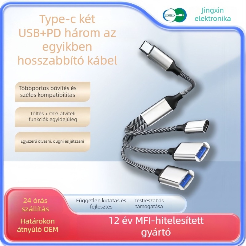 USB-C háromportos OTG hub, USB 2.0 interfész, rézmagú kábel, 28 cm hosszú