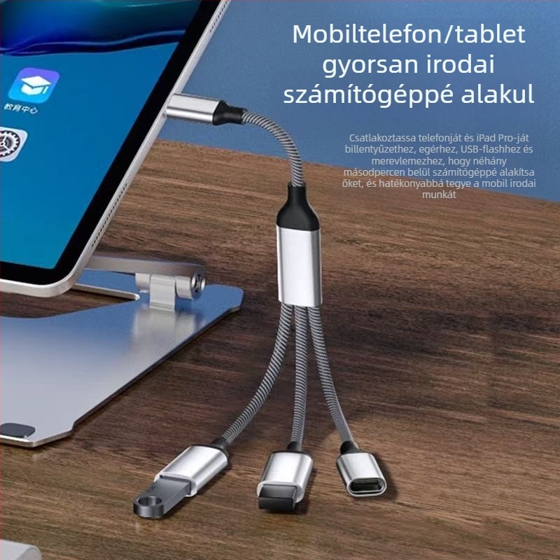 USB-C háromportos OTG hub, USB 2.0 interfész, rézmagú kábel, 28 cm hosszú