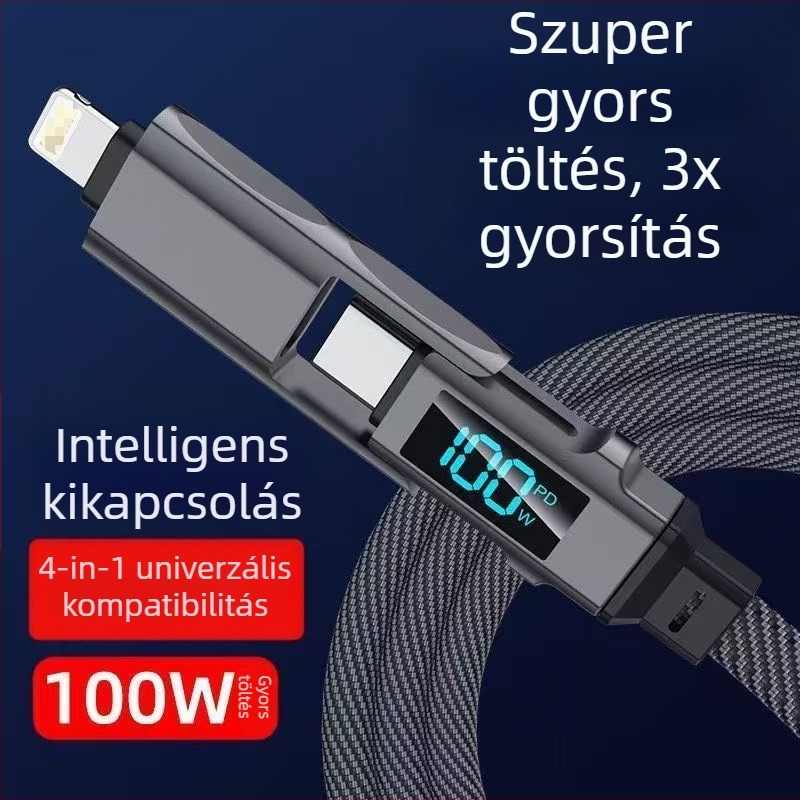 65W digitális kijelzővel ellátott 4–az–1-ben USB-C és Lightning kábel, cinkötvözet, kettős kimenet