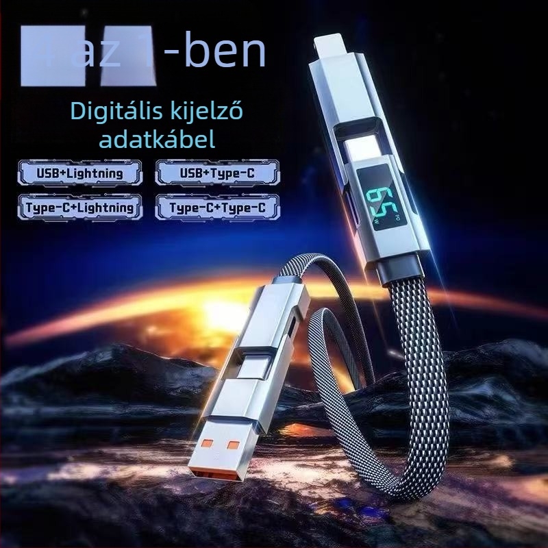 65W digitális kijelzővel ellátott 4–az–1-ben USB-C és Lightning kábel, cinkötvözet, kettős kimenet