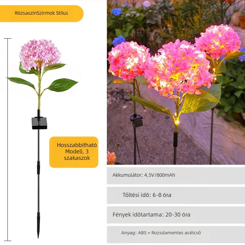 Napelemes kültéri kerti lámpa LED-ekkel, talajba szúrt állvány, gumírozott kivitel, IP65, Modell 03, több mint 36 óra működés