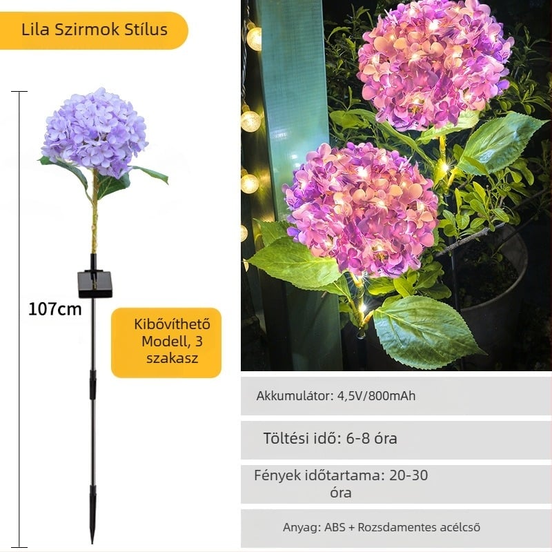 Napelemes kültéri kerti lámpa LED-ekkel, talajba szúrt állvány, gumírozott kivitel, IP65, Modell 03, több mint 36 óra működés
