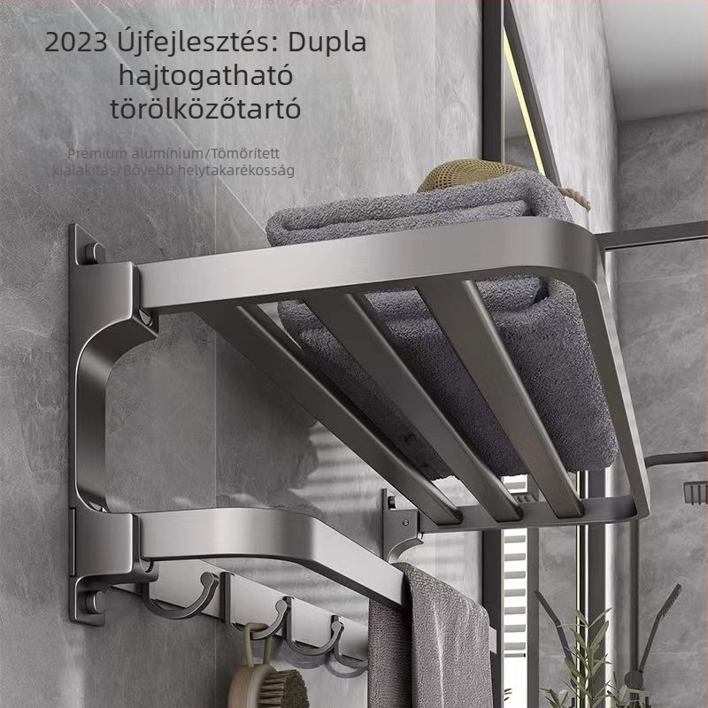 Space alumínium törölközőtartó, fúrás nélküli falra szerelhető, 2 réteg, teherbírás >15 kg, 2023-as új, továbbfejlesztett dupla hajlított modell, felületi műanyag permetezés
