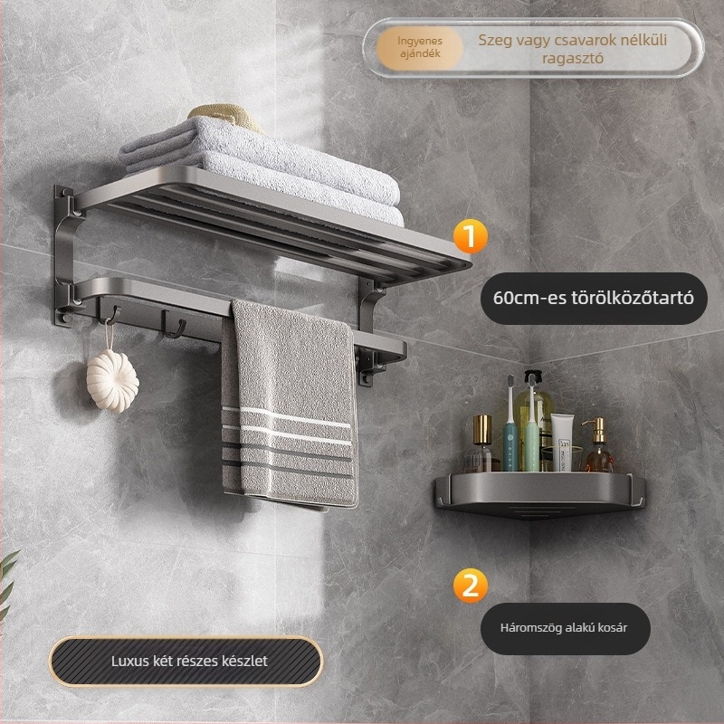 Space alumínium törölközőtartó, fúrás nélküli falra szerelhető, 2 réteg, teherbírás >15 kg, 2023-as új, továbbfejlesztett dupla hajlított modell, felületi műanyag permetezés