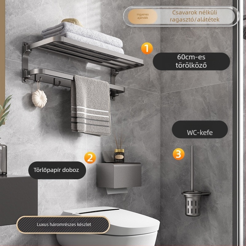 Space alumínium törölközőtartó, fúrás nélküli falra szerelhető, 2 réteg, teherbírás >15 kg, 2023-as új, továbbfejlesztett dupla hajlított modell, felületi műanyag permetezés