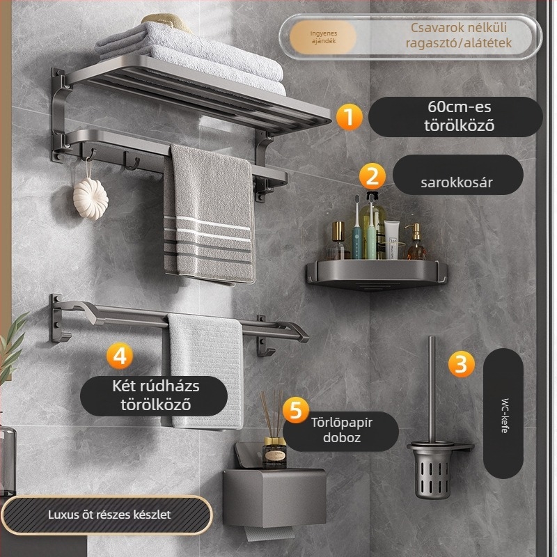 Space alumínium törölközőtartó, fúrás nélküli falra szerelhető, 2 réteg, teherbírás >15 kg, 2023-as új, továbbfejlesztett dupla hajlított modell, felületi műanyag permetezés