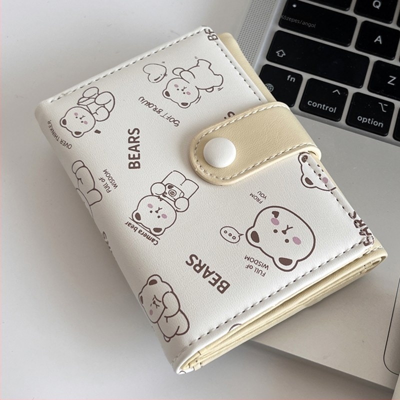 PU háromrekeszes kártyatartó csattal, rajzfilmszerű mintával, városi minimalista stílus, poliészter bélés, 2025 tavaszán debütál