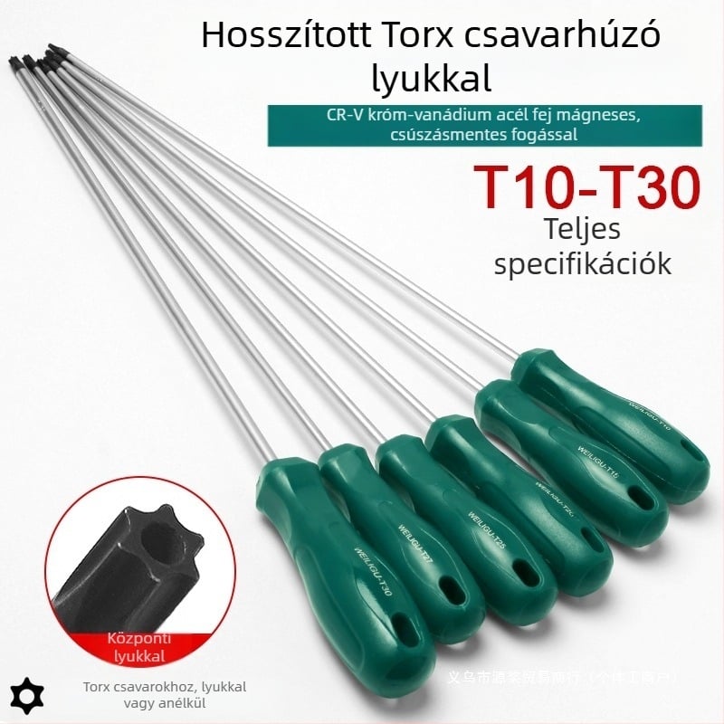 Hosszabbított csavarhúzóbitkészlet mágneses végével – Torx (T5, T8, T27, T30) és hatszögletű bitek, szénacél