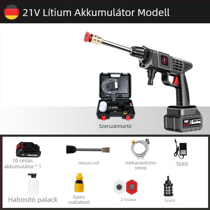 Kábel nélküli hordozható magas nyomású autómosó pisztoly, 21V akkumulátorral, max. 30 bar nyomás, modell 001, tömeg 1,2 kg