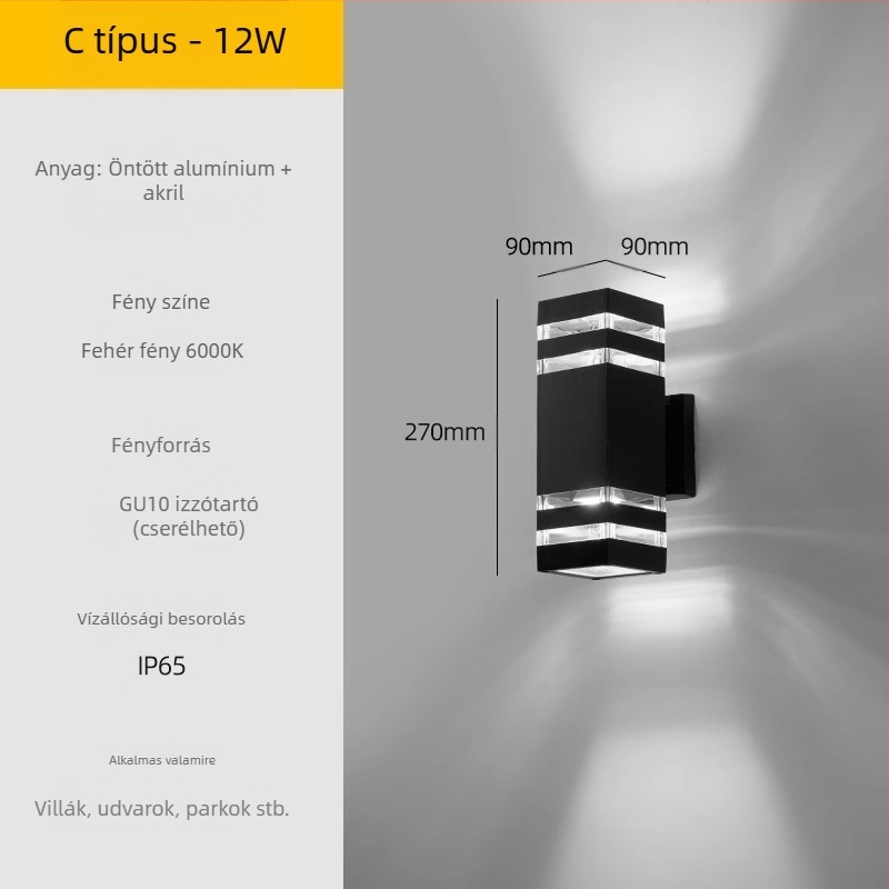 Kültéri LED falikar – vízálló, ABS árnyékoló, alumínium test, alacsony feszültség ≤36V, négyzet alakú falikar villa és bejárat számára