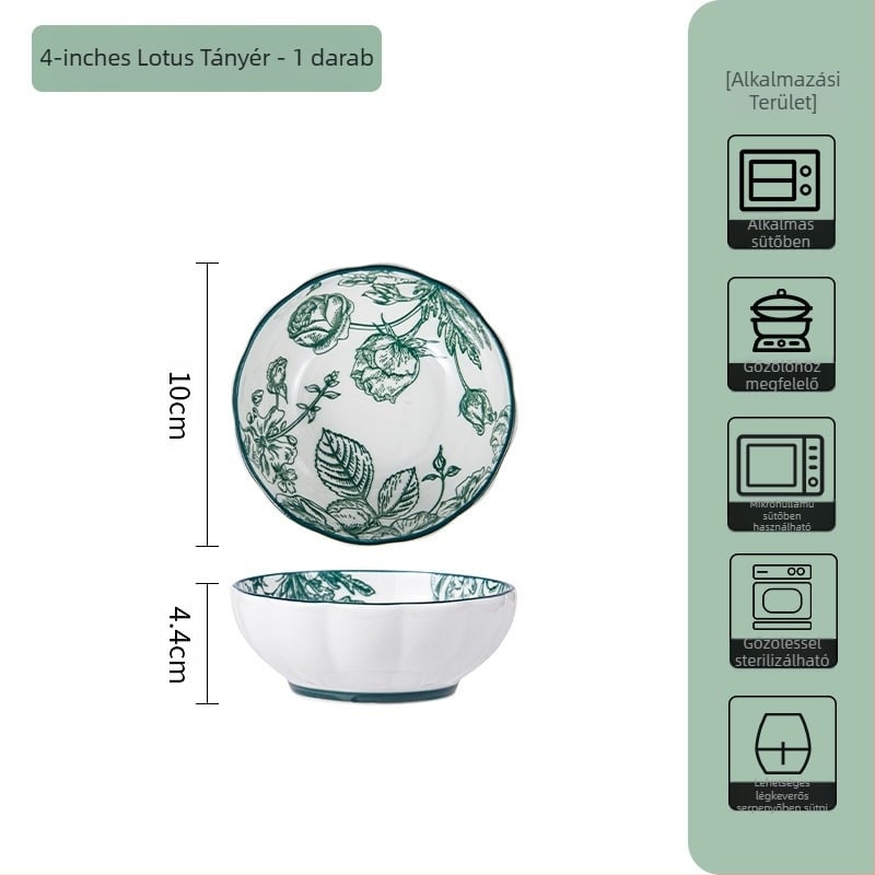 Kerámia étkészlet – leveses tálak és tányérok, virágos mintázat alsó glazúrral, mikrohullámú sütőben is használható, mindennapi porcelán, nemzeti trend stílus