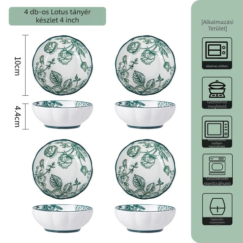 Kerámia étkészlet – leveses tálak és tányérok, virágos mintázat alsó glazúrral, mikrohullámú sütőben is használható, mindennapi porcelán, nemzeti trend stílus