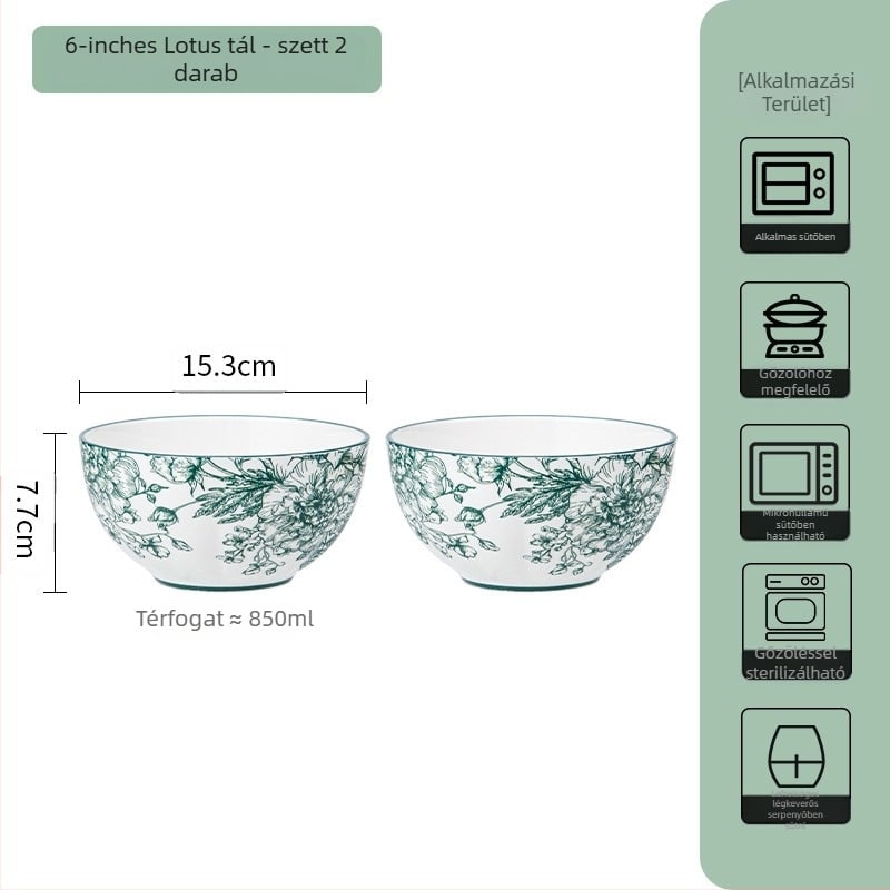 Kerámia étkészlet – leveses tálak és tányérok, virágos mintázat alsó glazúrral, mikrohullámú sütőben is használható, mindennapi porcelán, nemzeti trend stílus
