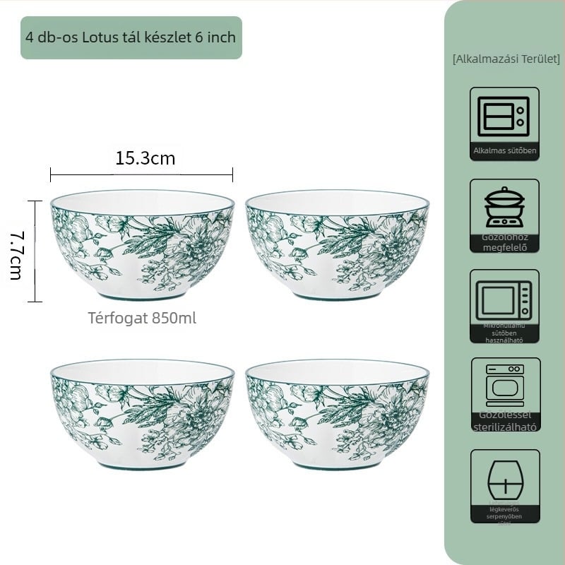 Kerámia étkészlet – leveses tálak és tányérok, virágos mintázat alsó glazúrral, mikrohullámú sütőben is használható, mindennapi porcelán, nemzeti trend stílus