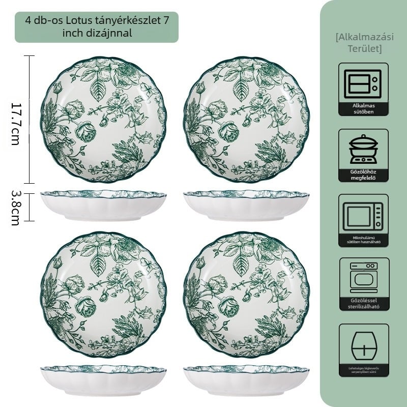Kerámia étkészlet – leveses tálak és tányérok, virágos mintázat alsó glazúrral, mikrohullámú sütőben is használható, mindennapi porcelán, nemzeti trend stílus
