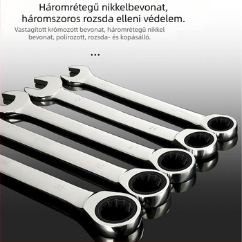 Kétoldalas racsnis kulcs, krómozott felület, króm-vanádium acél, súly 0.7