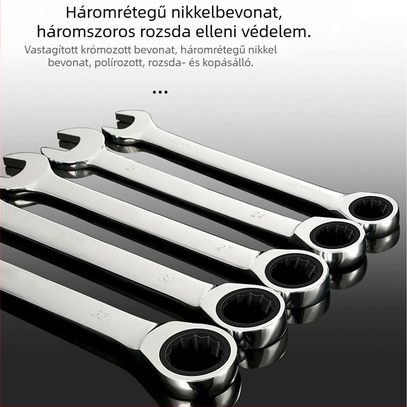 Kétoldalas racsnis kulcs, krómozott felület, króm-vanádium acél, súly 0.7