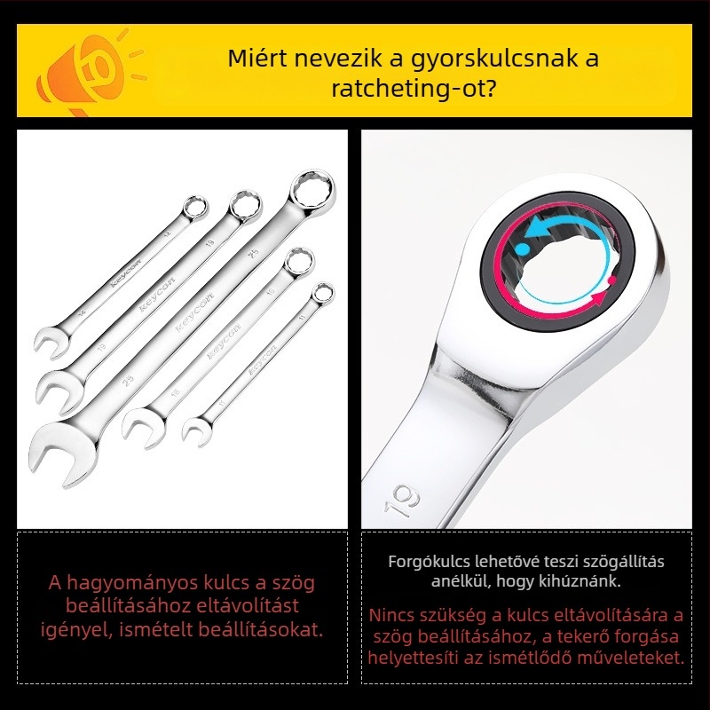 Kétoldalas racsnis kulcs, krómozott felület, króm-vanádium acél, súly 0.7