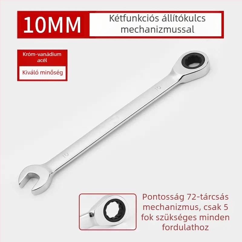 Kétoldalas racsnis kulcs, krómozott felület, króm-vanádium acél, súly 0.7