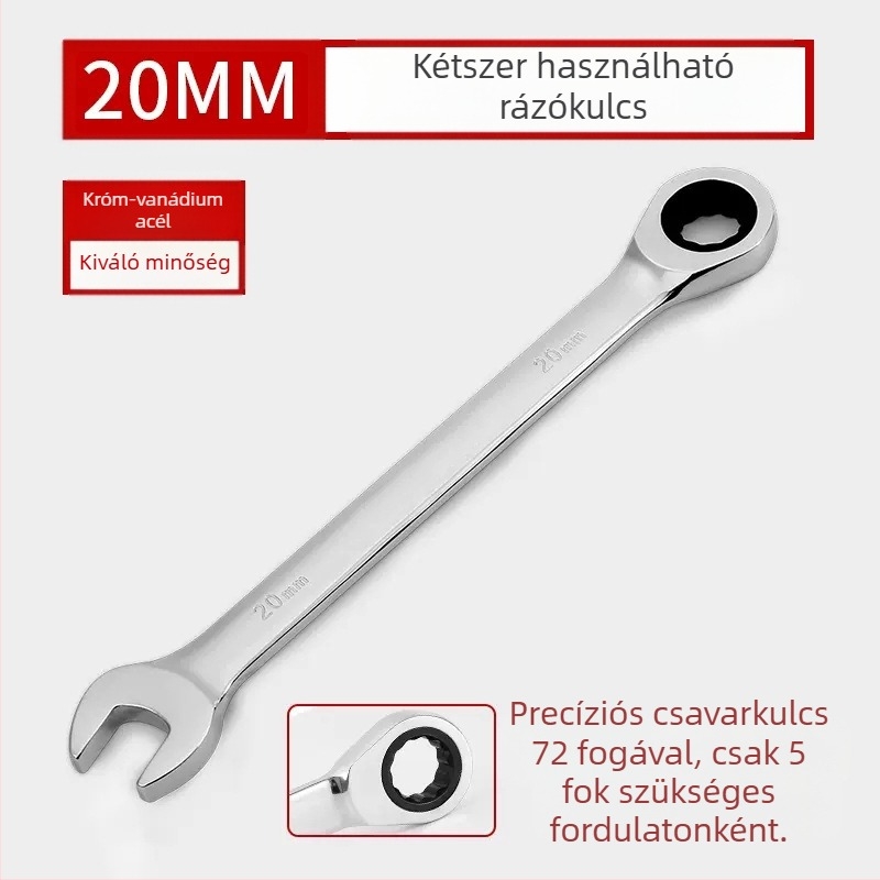 Kétoldalas racsnis kulcs, krómozott felület, króm-vanádium acél, súly 0.7