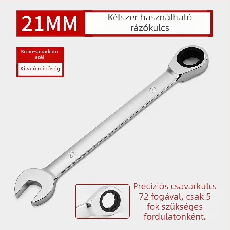 Kétoldalas racsnis kulcs, krómozott felület, króm-vanádium acél, súly 0.7